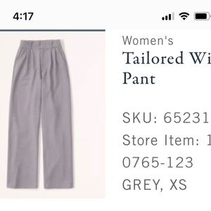 Abercrombie Tailored Wide Leg Pant, XS Gray